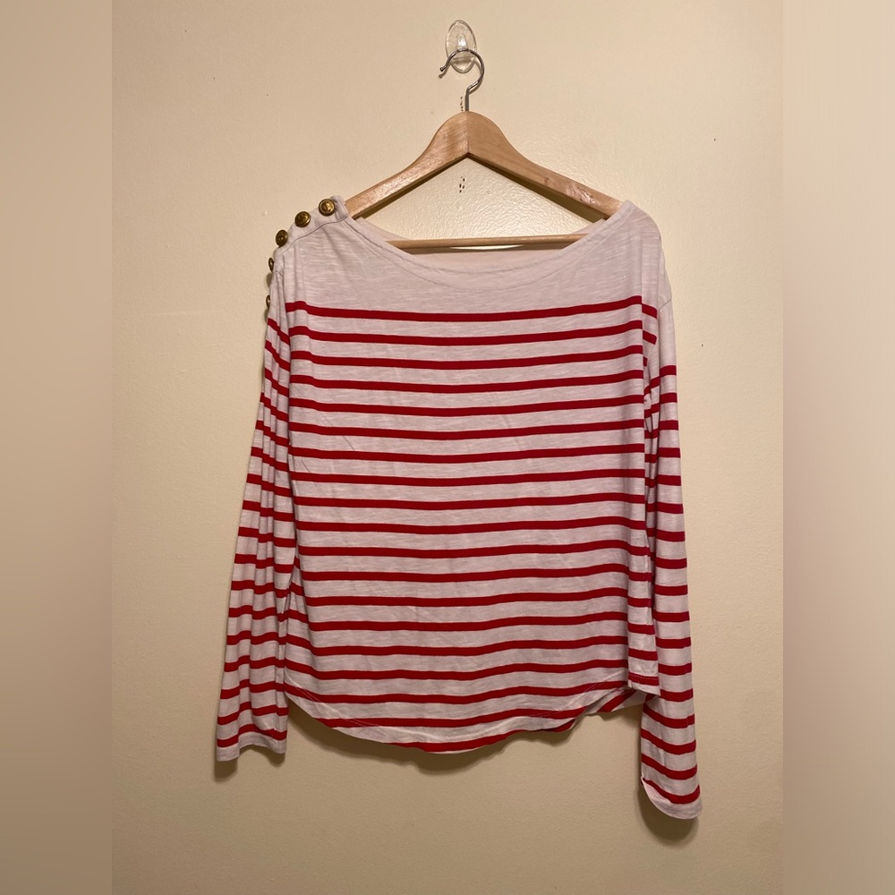LEON & HARPER Striped Boatneck Long Sleeve Top - Red/White. Size M